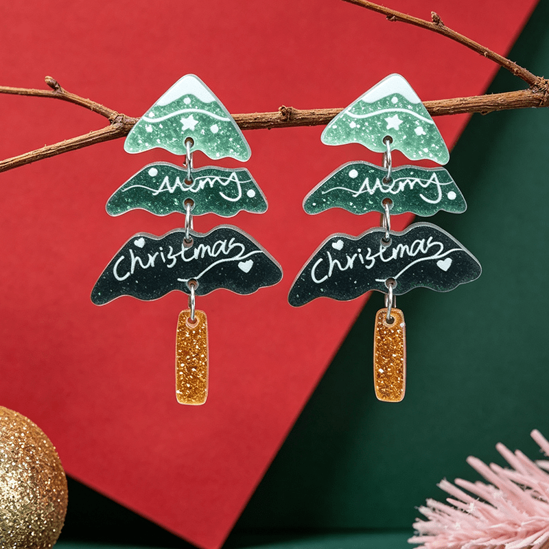 Multi-Layer Green Christmas Tree Earrings, Festive Gift